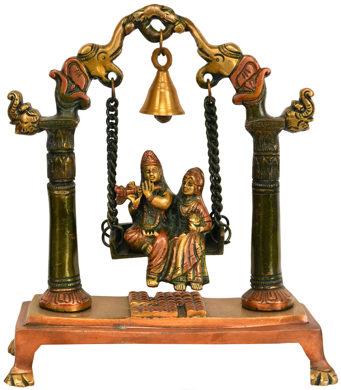 9" Handmade Radha Krishna Swing Brass Statue with Bell