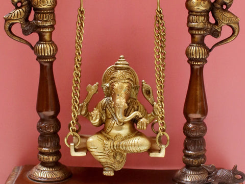 11" Brass Lord Ganesha Statue on A Swing