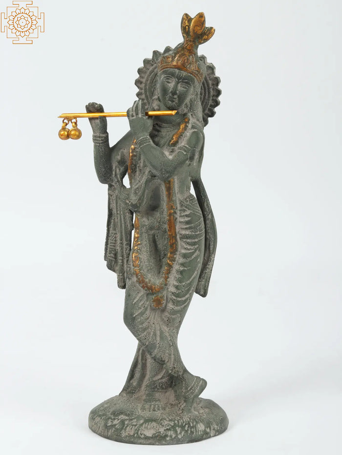 9" Handmade Lord Krishna Playing Flute Brass Statue