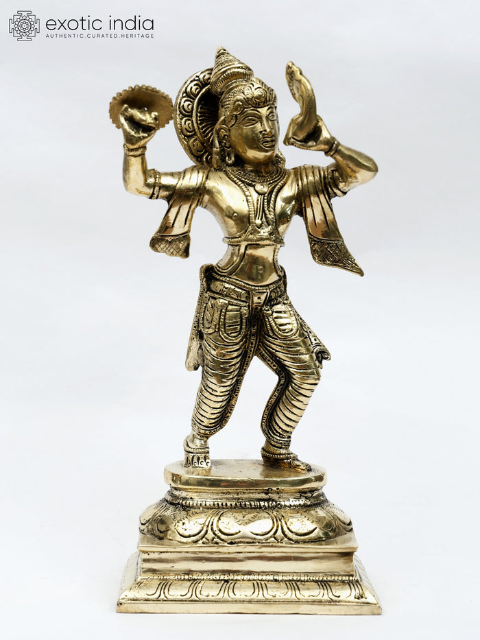 10" Lord Krishna Blowing Conch Brass Statue for Home Decor