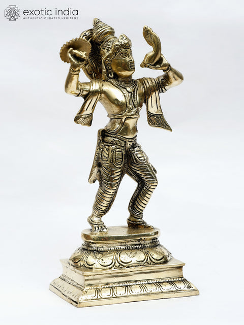 10" Lord Krishna Blowing The Conch on the Battle Field of Kurukshetra | Brass Statue