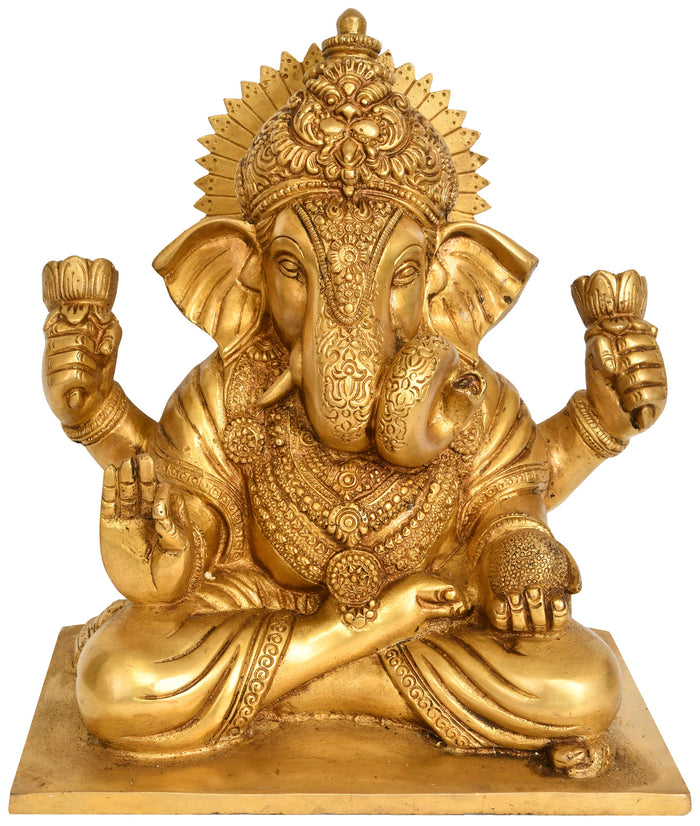 10" Lord Ganesha Brass Idol with Kirtimukha Crown and Lotus Flowers