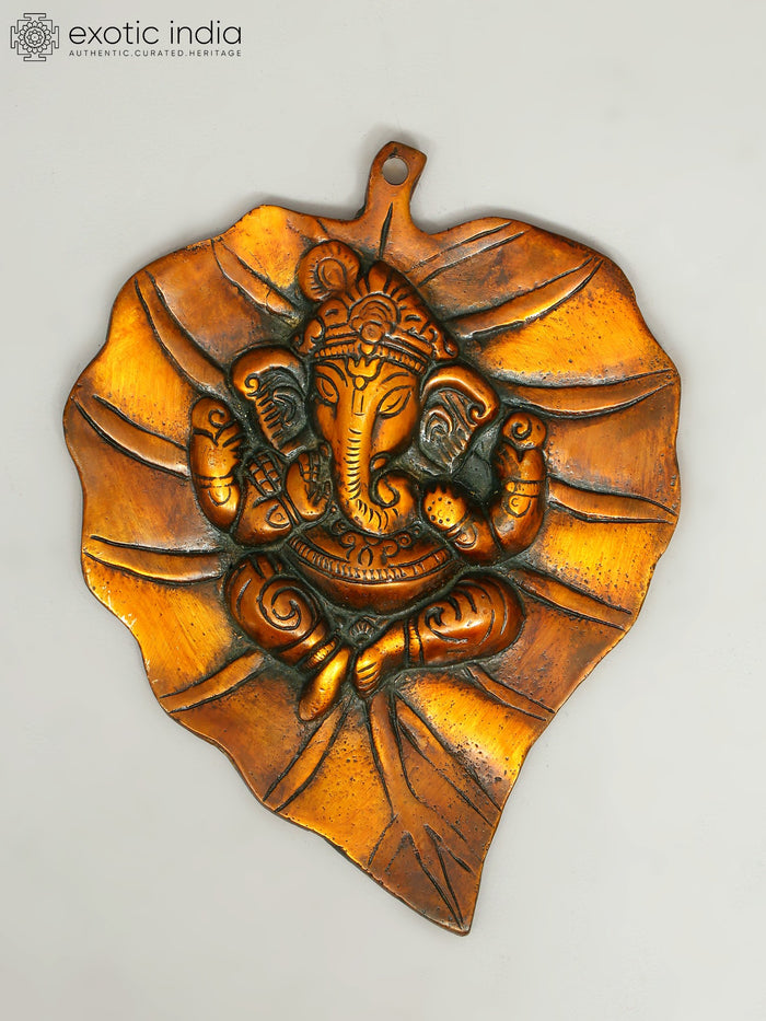 8" Handmade Baby Ganesha on Pipal Leaf Brass Wall Hanging