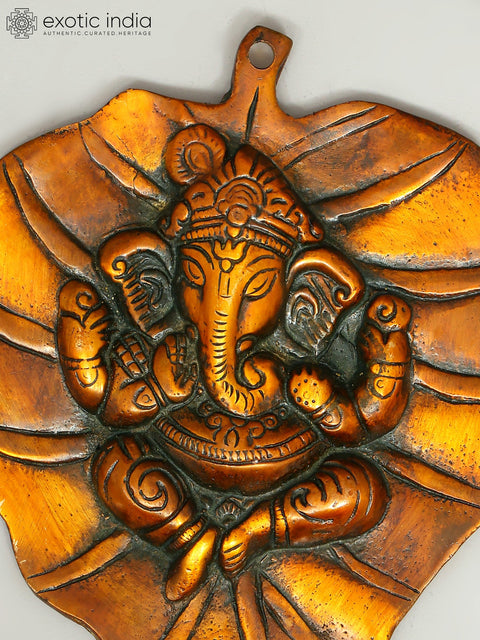 8" Baby Ganesha on Pipal Leaf (Wall Hanging) In Brass | Handmade | Made In India
