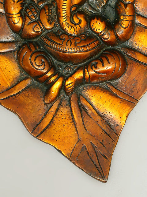 8" Baby Ganesha on Pipal Leaf (Wall Hanging) In Brass | Handmade | Made In India