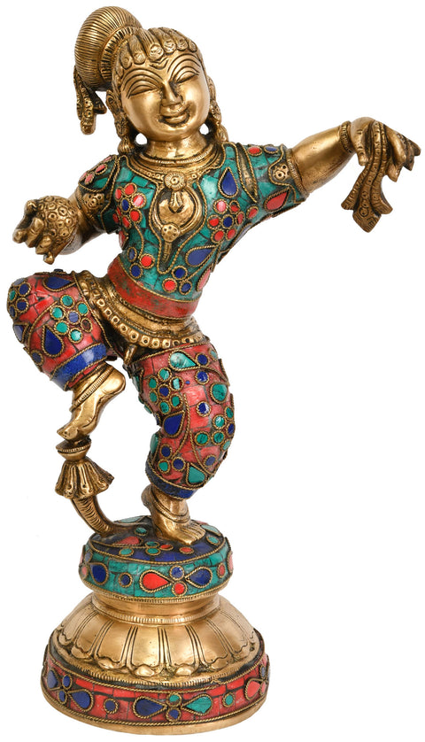 11" Baby Krishna Dancing in Ecstasy | Handmade Brass Inlay Statue