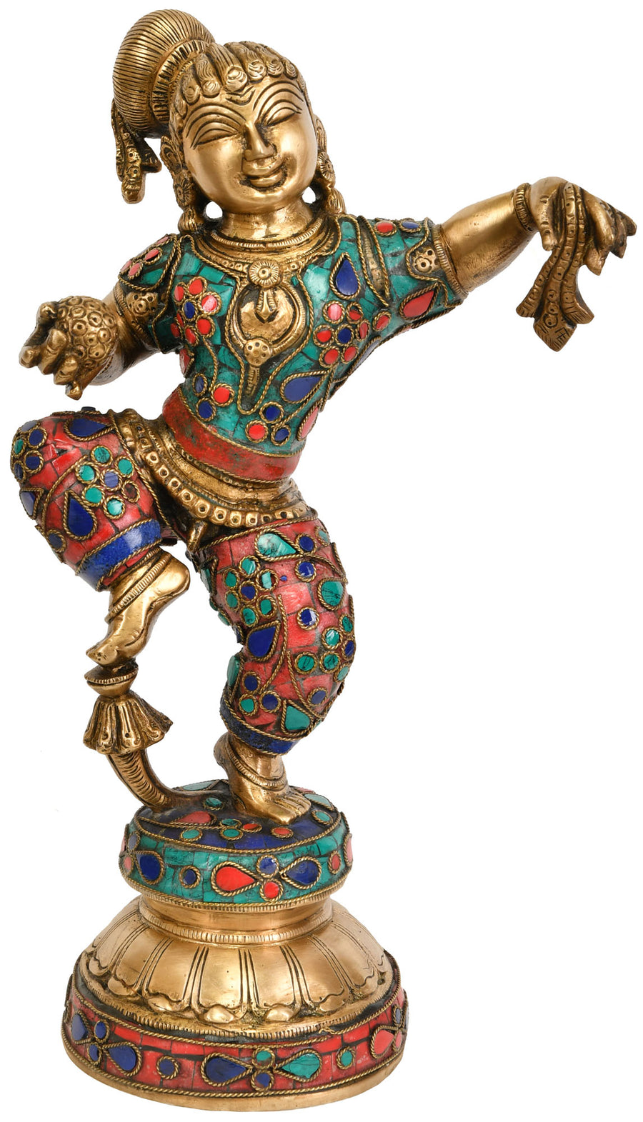 11" Handmade Baby Krishna Dancing Brass Statue with Inlay Work