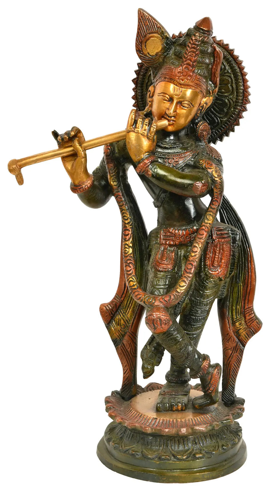 11" Handmade Lord Krishna Playing Flute Brass Statue