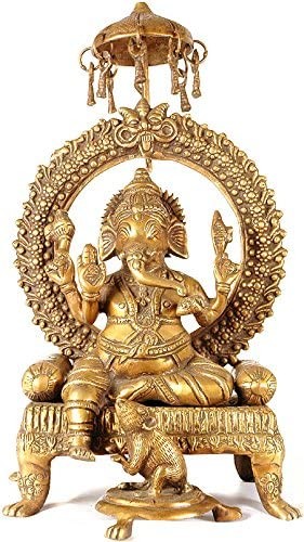 18" Enthroned Ganesha Brass Statue with Kirtimukha and Parasol