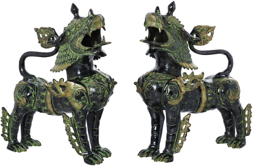 Nepalese Temple Lions Brass Statue Pair