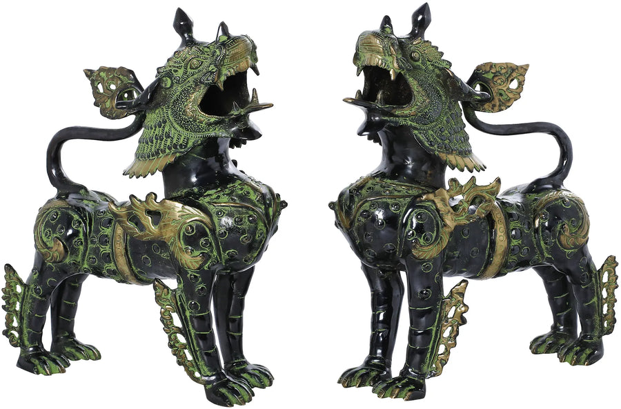 Nepalese Temple Lions Brass Statue Pair