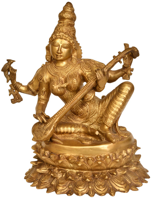18" Four-Armed Saraswati Brass Statue Handmade