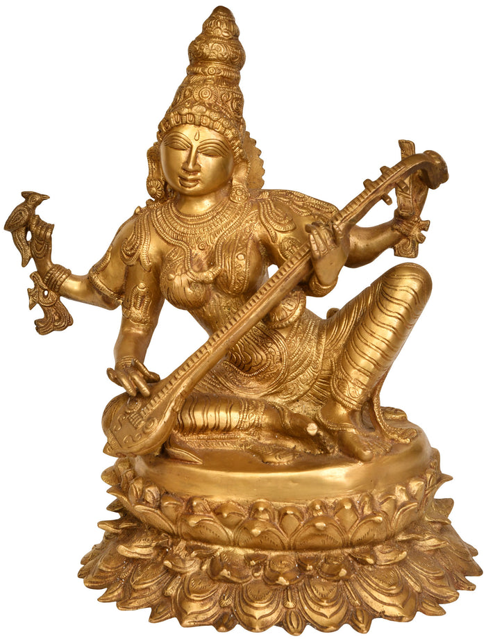 18" Four-Armed Goddess Saraswati In Brass | Handmade | Made In India