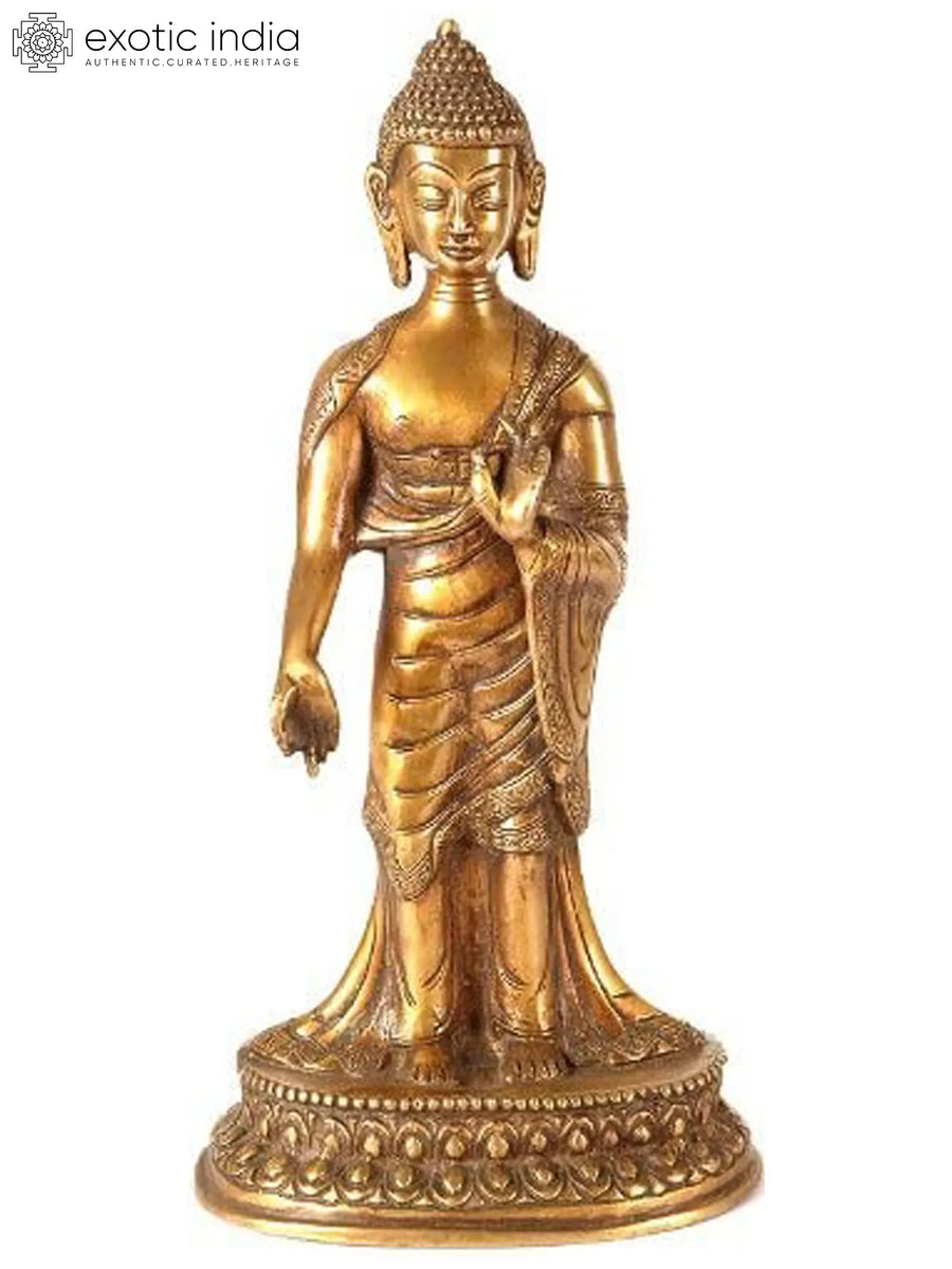 11" Standing Buddha Brass Statue Handmade for Home Decor
