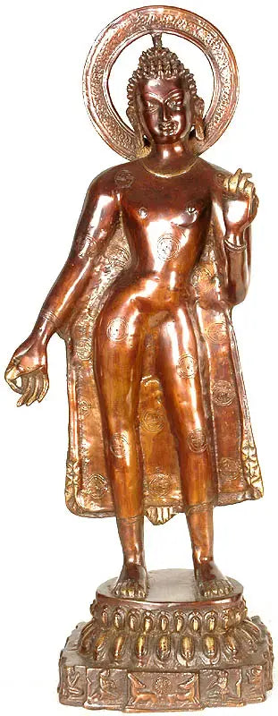 Sarnath Buddha Brass Statue with Engraved Dharmachakra and Deer Pair