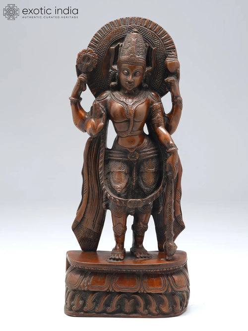 14" Four Armed Standing Vishnu Brass Statue Handmade