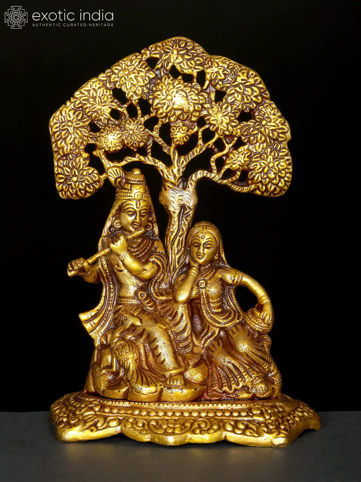 7" Radha Krishna Under the Tree (Flat Statue) In Brass | Handmade | Made In India