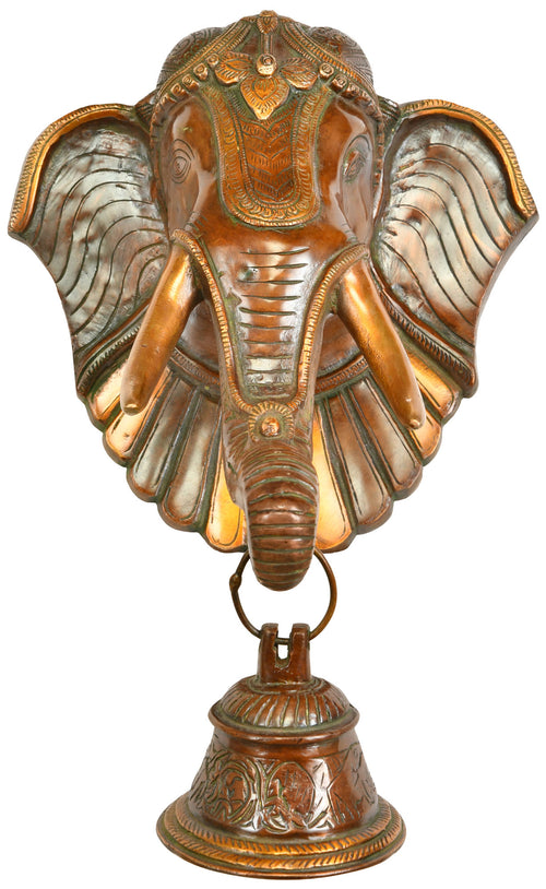 14" Handmade Brass Ganesha Wall Hanging Mask with Bell