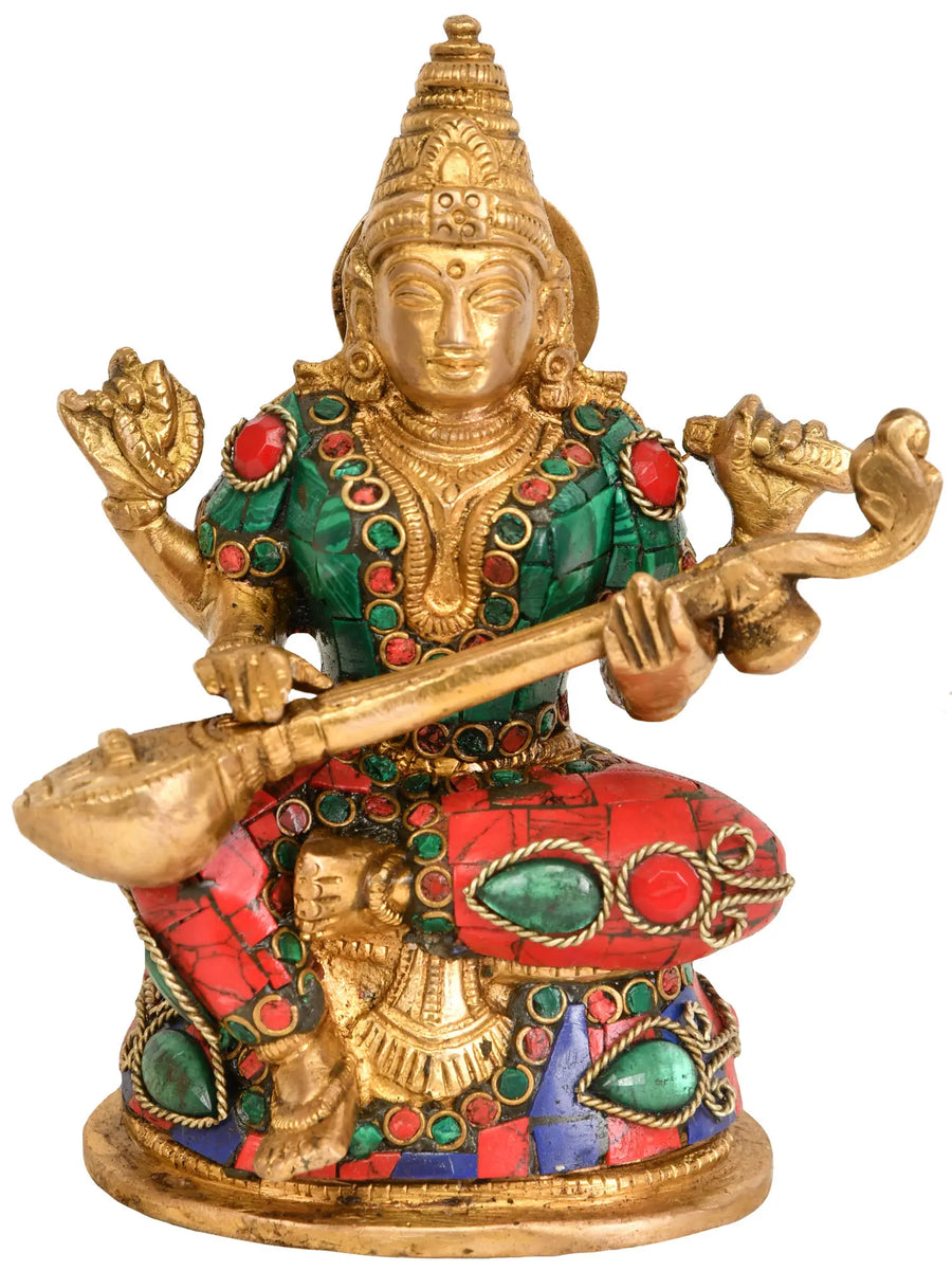 5" Goddess Saraswati Brass Idol Playing Veena Handmade
