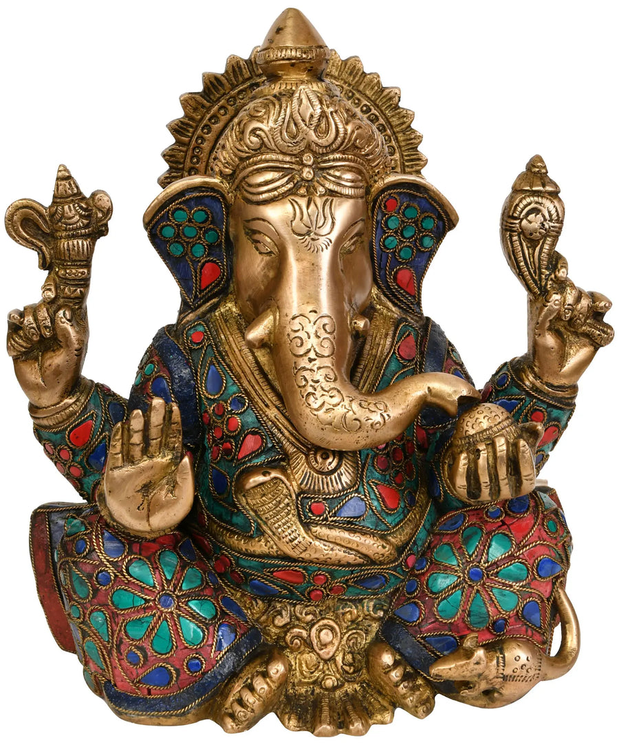 8" Handmade Lord Ganesha Seated Brass Statue for Pooja