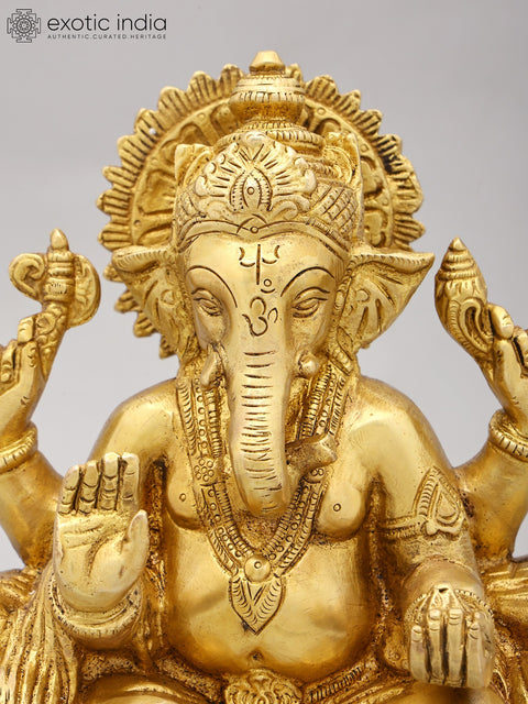 9" Brass Lord Ganesha Statue Seated on Throne | Handmade | Made in India