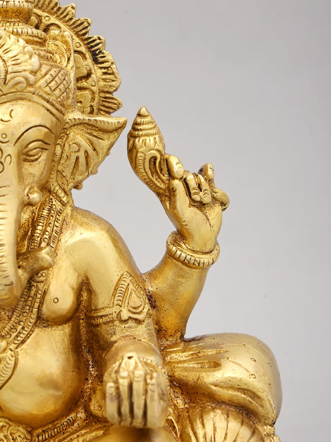 9" Brass Lord Ganesha Statue Seated on Throne | Handmade | Made in India
