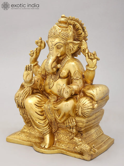 9" Brass Lord Ganesha Statue Seated on Throne | Handmade | Made in India