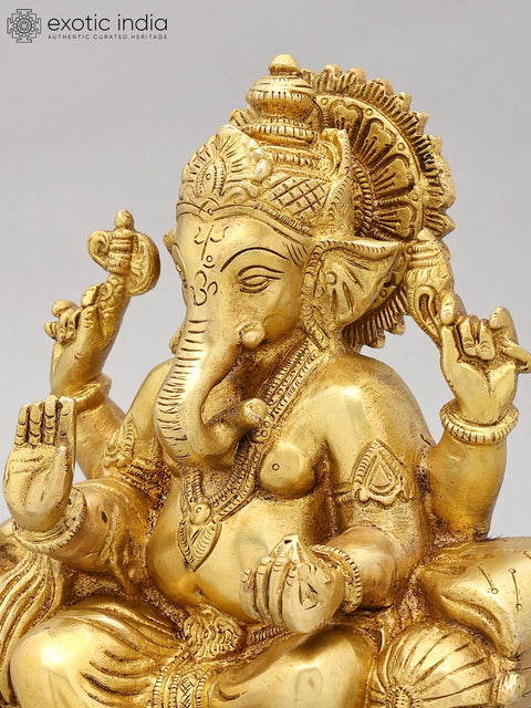 9" Brass Lord Ganesha Statue Seated on Throne | Handmade | Made in India