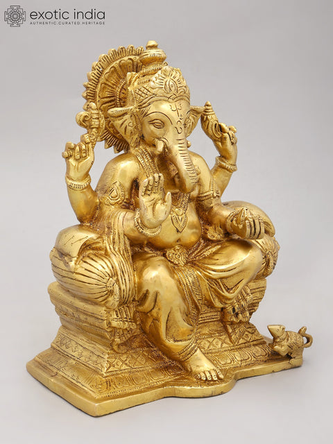 9" Brass Lord Ganesha Statue Seated on Throne | Handmade | Made in India