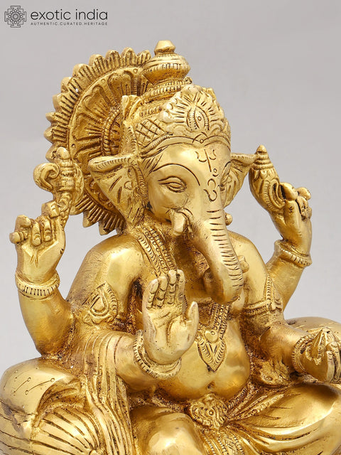 9" Brass Lord Ganesha Statue Seated on Throne | Handmade | Made in India