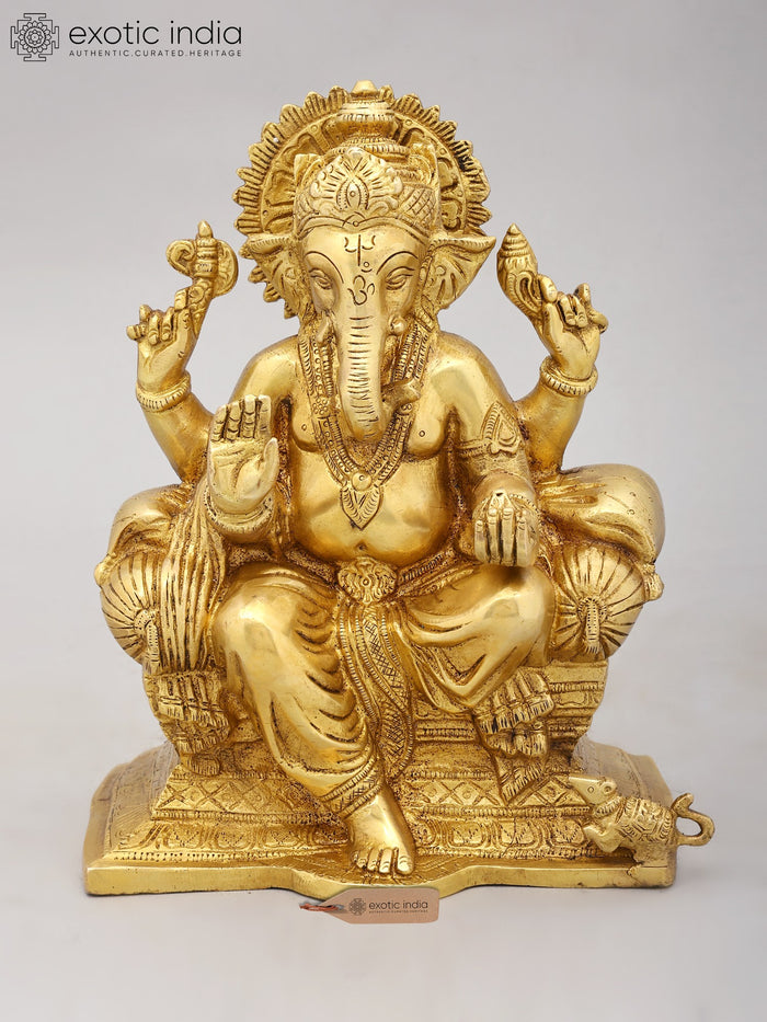 9" Brass Lord Ganesha Seated Throne Statue Handmade