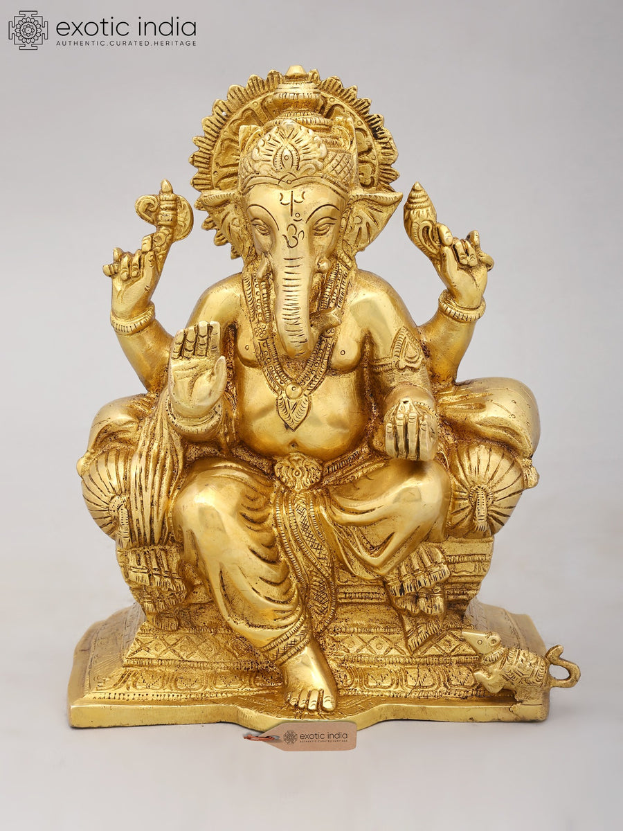 9" Brass Lord Ganesha Seated Throne Statue Handmade