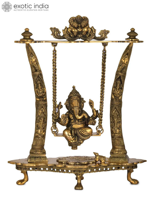 17" Brass Ganesha Idol on Swing with Decorated Pillars