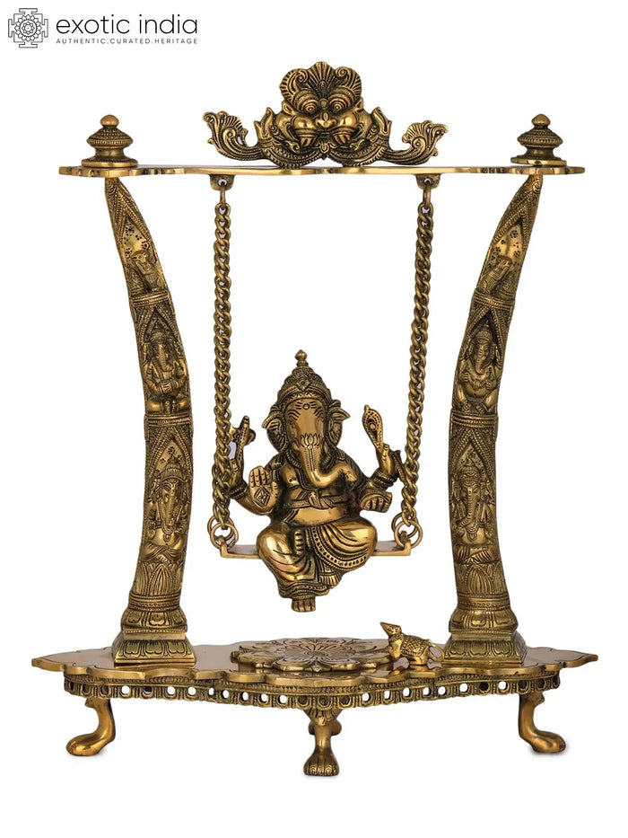 17" Brass Ganesha Idol on Swing with Decorated Pillars