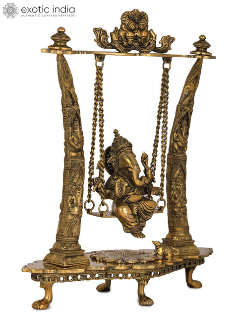 17" Brass Ganesha Idol on Swing - Pillars Decorated with Ganesha Figures