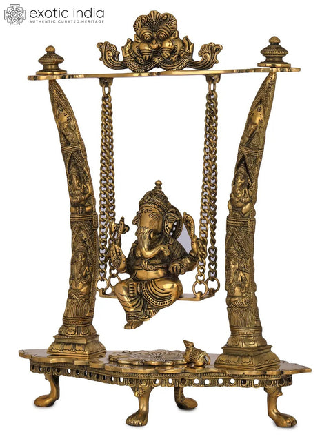17" Brass Ganesha Idol on Swing - Pillars Decorated with Ganesha Figures