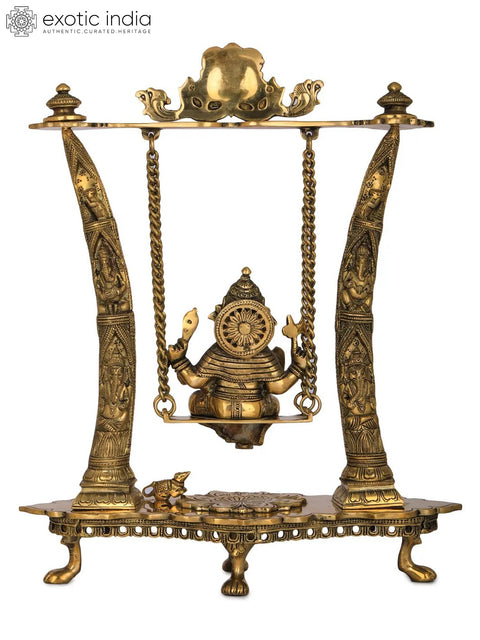17" Brass Ganesha Idol on Swing - Pillars Decorated with Ganesha Figures
