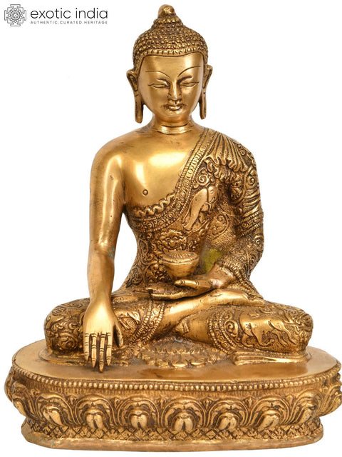 9" Buddha Seated in Bhumisparsha Mudra (Robes Ornately Decorated with Auspicious Symbols and Jataka Animals) In Brass | Handmade | Made In India