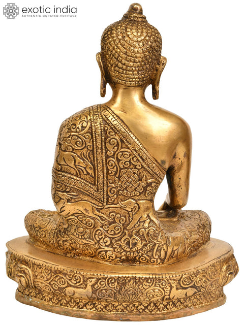 9" Buddha Seated in Bhumisparsha Mudra (Robes Ornately Decorated with Auspicious Symbols and Jataka Animals) In Brass | Handmade | Made In India