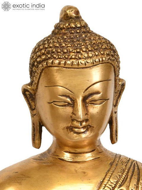 9" Buddha Seated in Bhumisparsha Mudra (Robes Ornately Decorated with Auspicious Symbols and Jataka Animals) In Brass | Handmade | Made In India