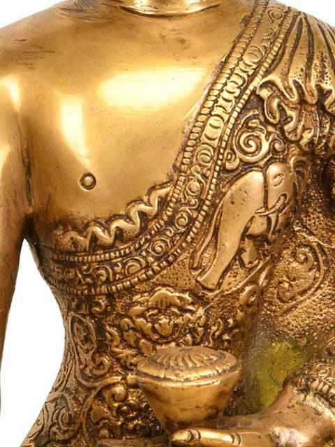 9" Buddha Seated in Bhumisparsha Mudra (Robes Ornately Decorated with Auspicious Symbols and Jataka Animals) In Brass | Handmade | Made In India