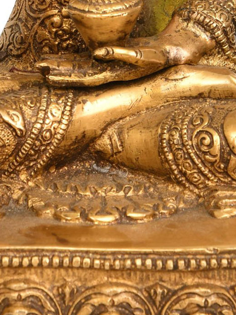 9" Buddha Seated in Bhumisparsha Mudra (Robes Ornately Decorated with Auspicious Symbols and Jataka Animals) In Brass | Handmade | Made In India