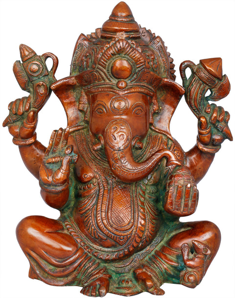 9" Chaturbhuja Ganesha Brass Statue | Handmade Indian Crafted Idol