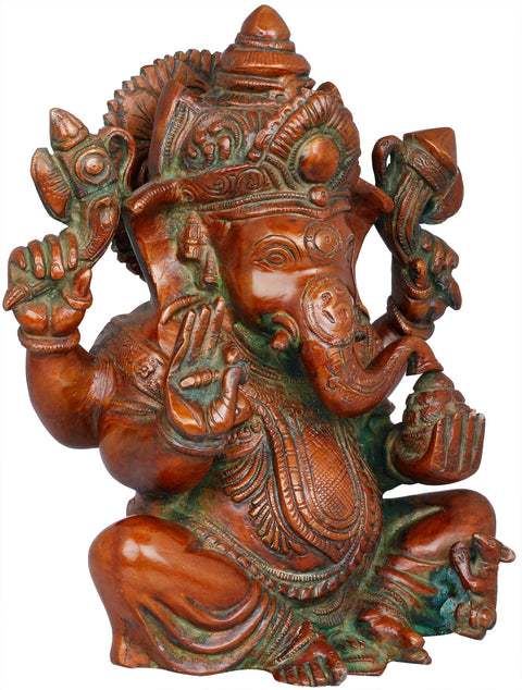 9" Chaturbhuja Ganesha Brass Statue | Handmade Indian Crafted Idol