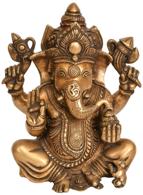 9" Chaturbhuja Ganesha Brass Statue | Handmade Indian Crafted Idol