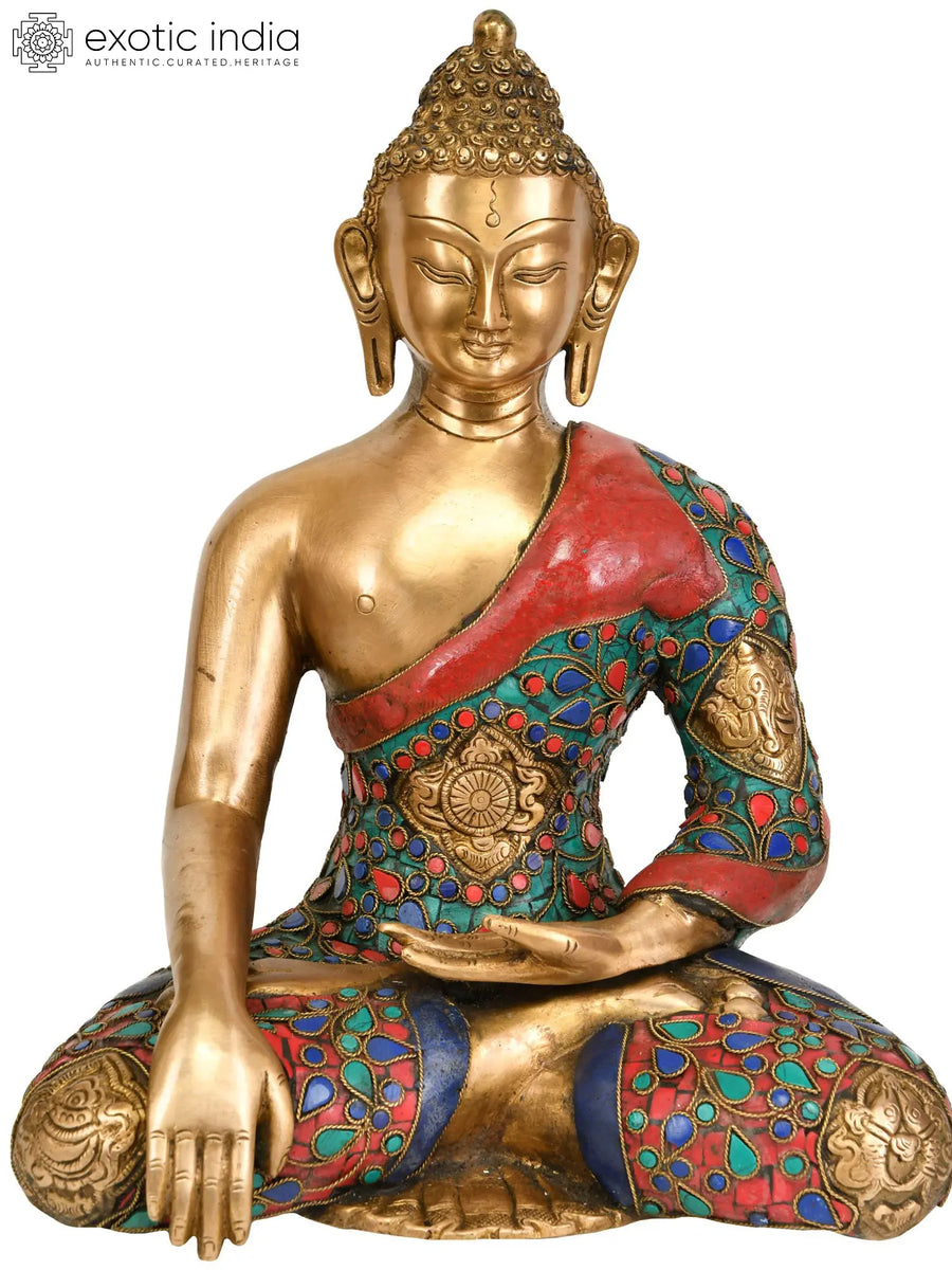 11" Serene Buddha Earth Touching Gesture Handmade Brass Statue