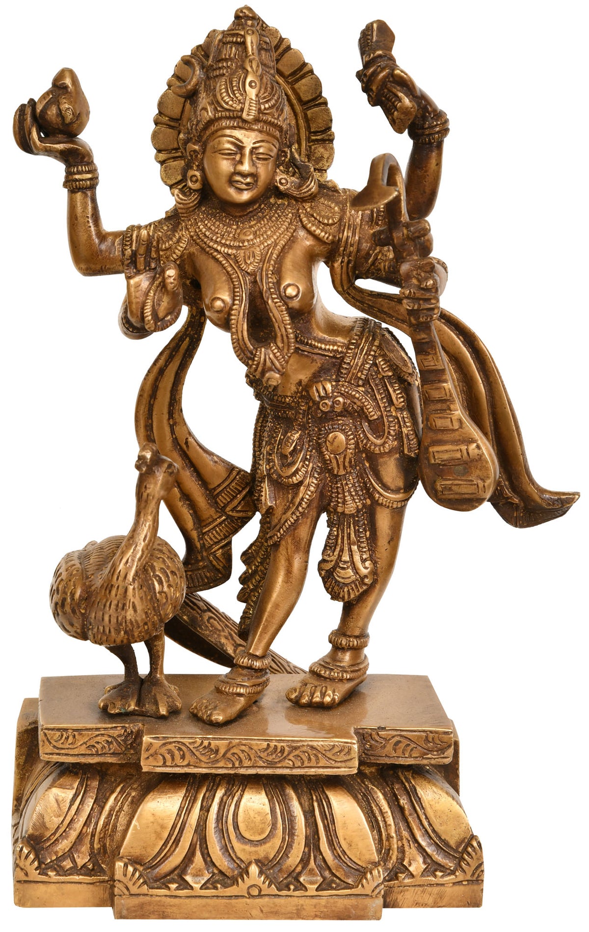 11" Goddess Saraswati Standing in Tribhanga with a Peacock In Brass | Handmade | Made In India
