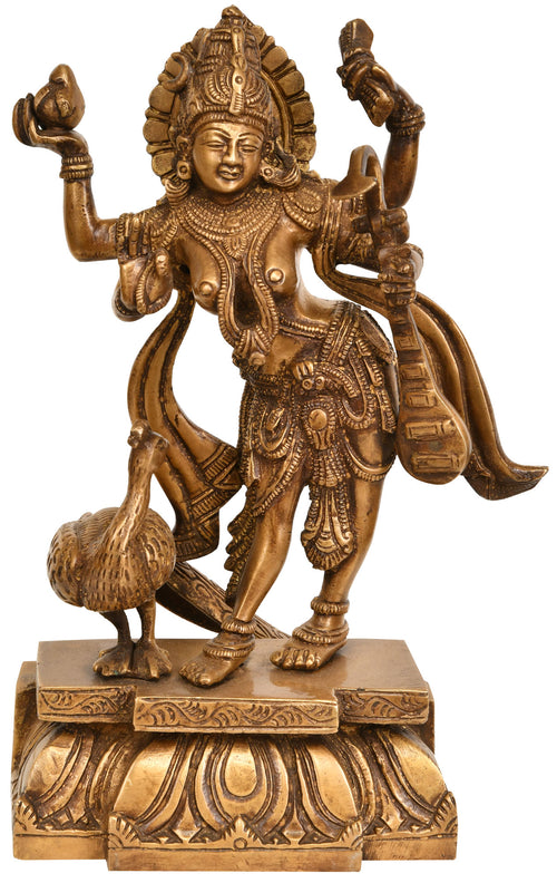 11" Brass Goddess Saraswati Standing Statue with Peacock Handmade