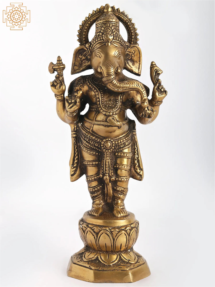 14" Handmade Chaturbhuja Standing Ganesha Brass Statue