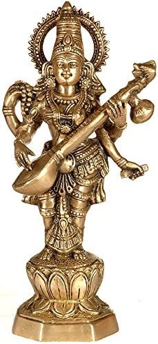 13" Standing Saraswati Brass Statue Playing Veena for Pooja